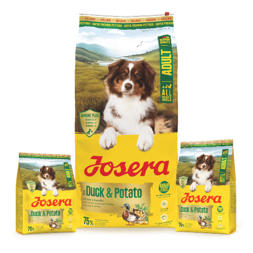 Josera Adult Duck & Potato for medium to large breed dogs needing a grain-free diet with a single source of meat protein in 12.5kg, 3kg and 0.9kg bags