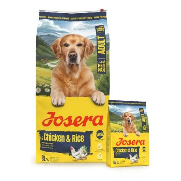 Josera Medi/Maxi Adult Chicken & Rice with lots of meat and large kibble for larger dog sizes Josera Medi/Maxi Adult Chicken & Rice with lots of meat and large kibble for larger dog sizes in 12.5kg and 3kg bags