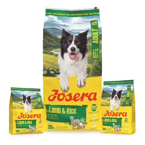 Josera All Sizes Adult Lamb & Rice gluten free lighter complete food for small medium and large dogs in 12.5kg, 3kg and 0.9kg bags