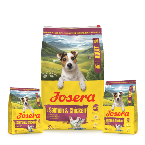 Josera Mini Adult Salmon and Chicken with delicious sauce for fussy small dogs in 10kg, 3kg and 0.9kg